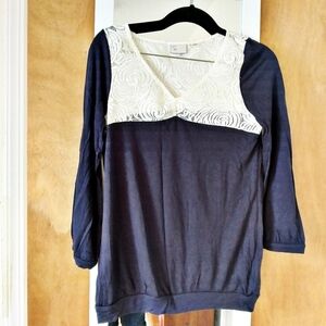 Anthro Postmark Navy Long Sleeve Top Lace Detail
